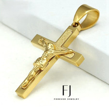 Men's Stainless Steel JESUS CROSS 72mm Charm Pendant.Gold plated Box