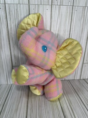 Vintage Playskool Blankies SNUZZLE ELEPHANT Pink Plaid Plush Yellow Satin
