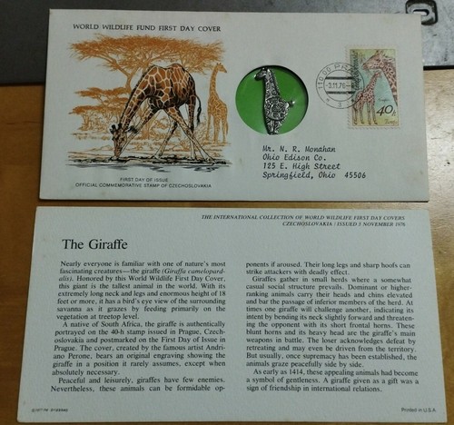 1976 WWF Czechoslovakia Giraffe Stamp FDC inlaid Giraffe Pewter Token - Picture 2 of 8