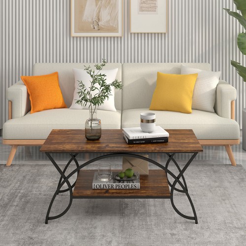 2-Tier Industrial Coffee Table Rectangular Cocktail Table w/ Storage Shelf - Picture 4 of 12