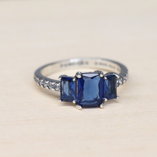 Authentic Pandora Ring Blue Rectangular Three Stone Sz 50 192389C01 W Hinged Box - Picture 9 of 13
