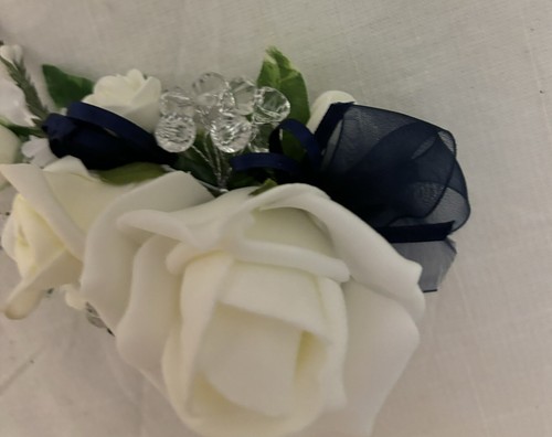 Corsage Single Navy & ivory rose wedding flowers Artificial Diamanté Magnate New - Picture 15 of 16
