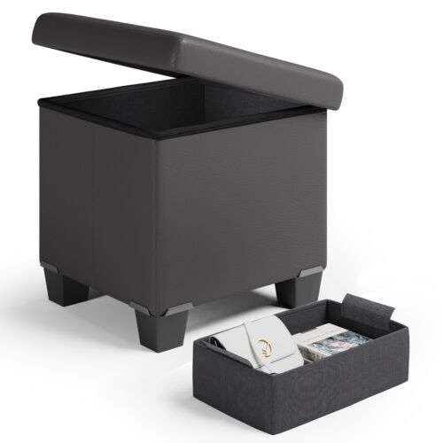 15" Storage Ottoman Cube with Storage Bin, Faux Leather / Fabric Footrest Chest - Picture 43 of 78