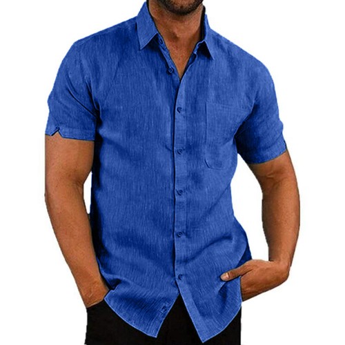 Mens Cotton Linen Polo Shirt Summer Short Sleeve Solid Casual Loose Blouse Tops - Picture 30 of 32