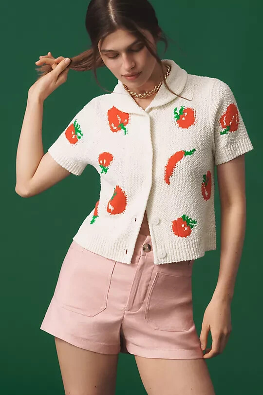 Maeve Knit Cardigan Sweater Pepper Tomato Anthropologie Short
