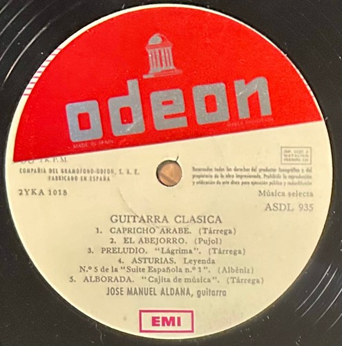 ODEON/La Voz De Su Amo LP ASDL-935: Jose Manuel Aldana – Guitarra Clasica - 1967 - Imagen 4 de 4