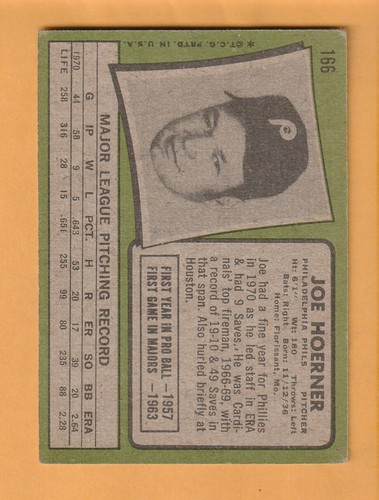 Joe Hoerner Philadelphia Phillies 1971 Topps #166 Dubuque Iowa - Picture 2 of 2