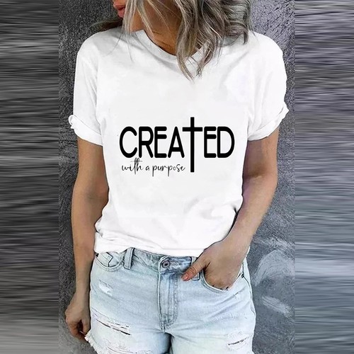 Women Letter Print Basic Tops Short Sleeve Casual Round Neck T-shirt Blouse US - Bild 6 von 9