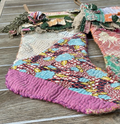 Vintage Handcrafted Sewn Christmas Stockings of Multiple Fabrics Design Set of 2 - Picture 11 of 12