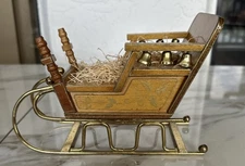 Christmas Sleigh Centerpiece Wood And Brass With Bells And Holly Details