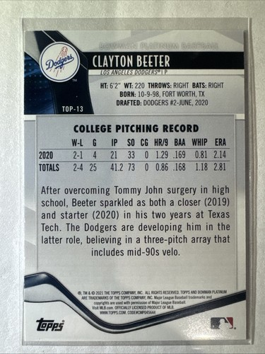 2021 Bowman Platinum Top Prospects Clayton Beeter #TOP-13 Green Icy Foil /99 RC - Picture 2 of 2