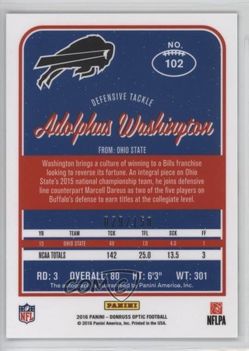 2016 Donruss Optic Signatures /150 Adolphus Washington #102 Rookie Auto RC - Picture 2 of 3