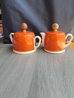 Ceramic Creamer Sugar Set Aluminum And Wood Covers Orange Vintage JAPAN