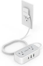 Power Strip  Mini Charging Station Outlets 3 USB 5ft Slim Plug for Travel Office