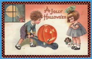 A Jolly Halloween Boy Wheelbarrow JOL Girl Dog Embossed Postcard