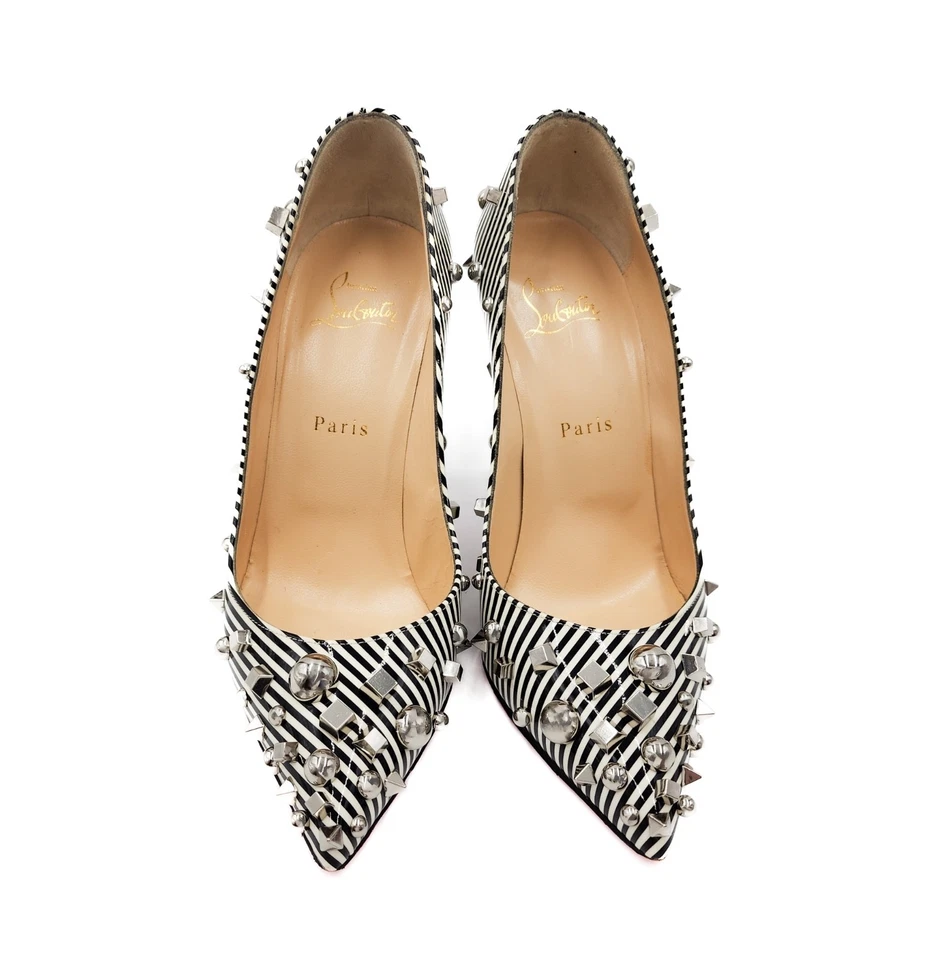 Zapatos de tacón Christian Louboutin negros blancos a rayas charol con tachuelas 38,5 Foto 3 de 4