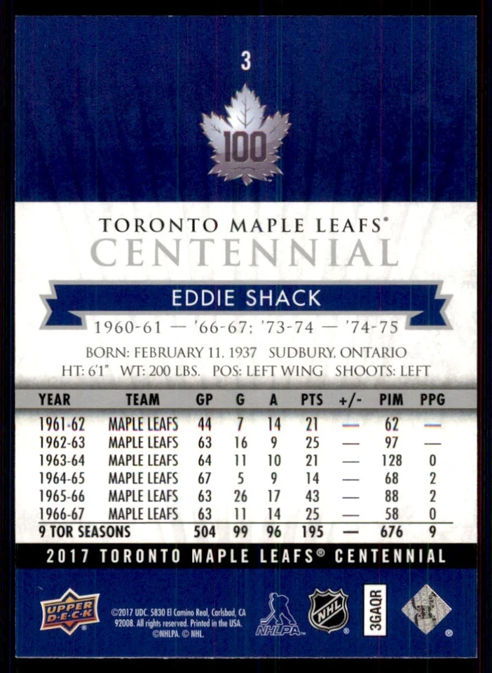 2017-18 UPPER DECK TORONTO MAPLE LEAFS CENTENNIAL EDDIE SHACK #3 - Image 2 of 2