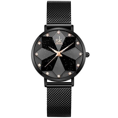 SHENGKE Creative Starry Sky Damenuhr mit Edelstahl Meshband Original