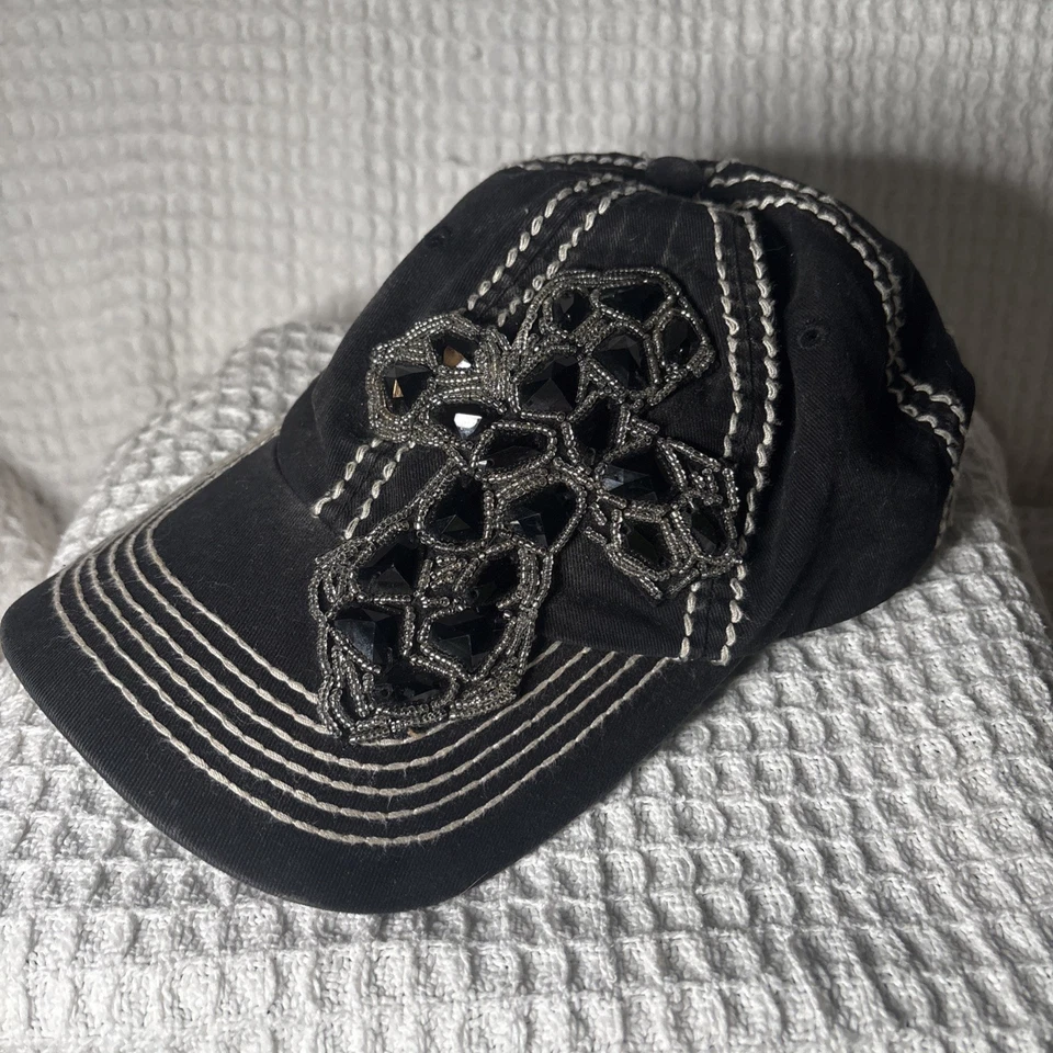 Bling Olive & Piqué Fleur De Lis sombrero negro costura gorra sombrero mujer estrás Foto 2 de 4