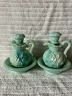 SET OF TWO Vintage Avon Milk Glass Bubble Bath Oil Decanter Pitcher 1986 Flower
