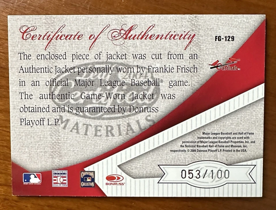 2004 Leaf Certified Fabric of Game Used Jacket /100 FRANKIE FRISCH #FG-129 HOF - Image 2 of 2