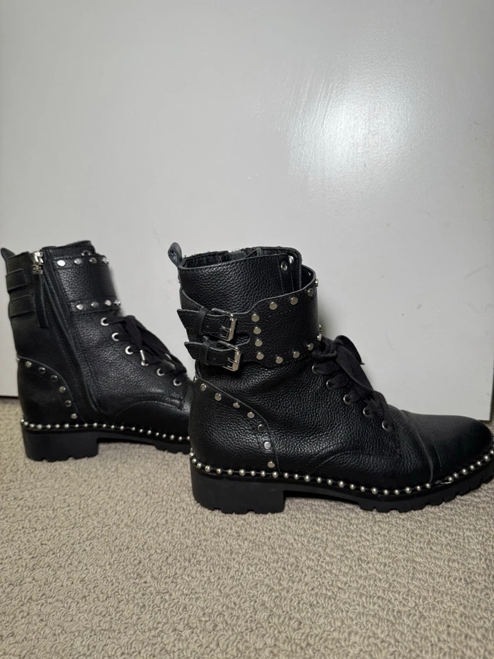 Sam Edelman Jennifer Studded Black Leather Combat Boots Buckle Strap Zipper 9 - Image 2 of 4