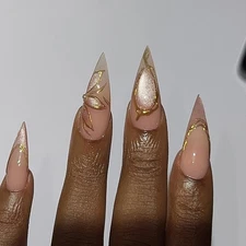 evpct 3D Cat Eye Press on Nails Medium Almond with Gold Line Design, Nude Fre...