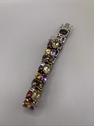 Sterling Silver Rainbow Multi Color Natural Gemstone Tennis Bracelet - Picture 2 of 9