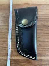 Small Dark Brown Leather Pocketknife Sheath with Snap, Belt Loop. Pretty design.