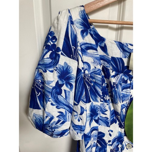 FARM Rio Garden Tiles Linen Blend Mini Dress Blue Puff Sleeve Size Medium NWT - Picture 8 of 14
