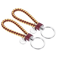 2pcs Dark Red Yellow Steel Circle Leather Braided Keychain