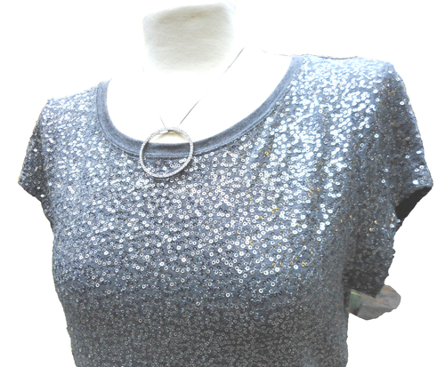 AMES INC grau silber Pailletten Schimmer dehnbar Athleisure Tee Top Regencycore L - Bild 4 von 5