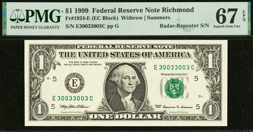 1999 $1 FRN PMG 67EPQ - 2 Matching Radar Repeater Serial Numbers 30033003 - Picture 2 of 5