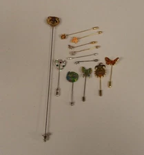 12 VINTAGE Stick Pins: Enamel, Silver,  Amethyst Victorian Gold Filled Hatpin ,+