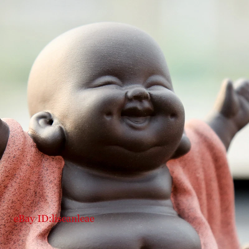 Handmade Maitreya Statue Purple Clay Tea Pet Happy Buddha Car Console Decoration - Image 4 of 4