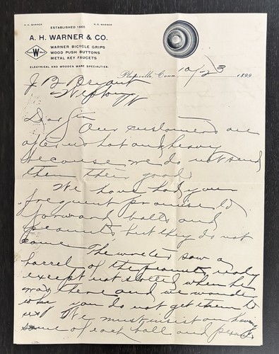 Carta 1899 A.H. WARNER & CO. - MFR. de empuñaduras para bicicleta - plainville, connecticut - Imagen 4 de 5
