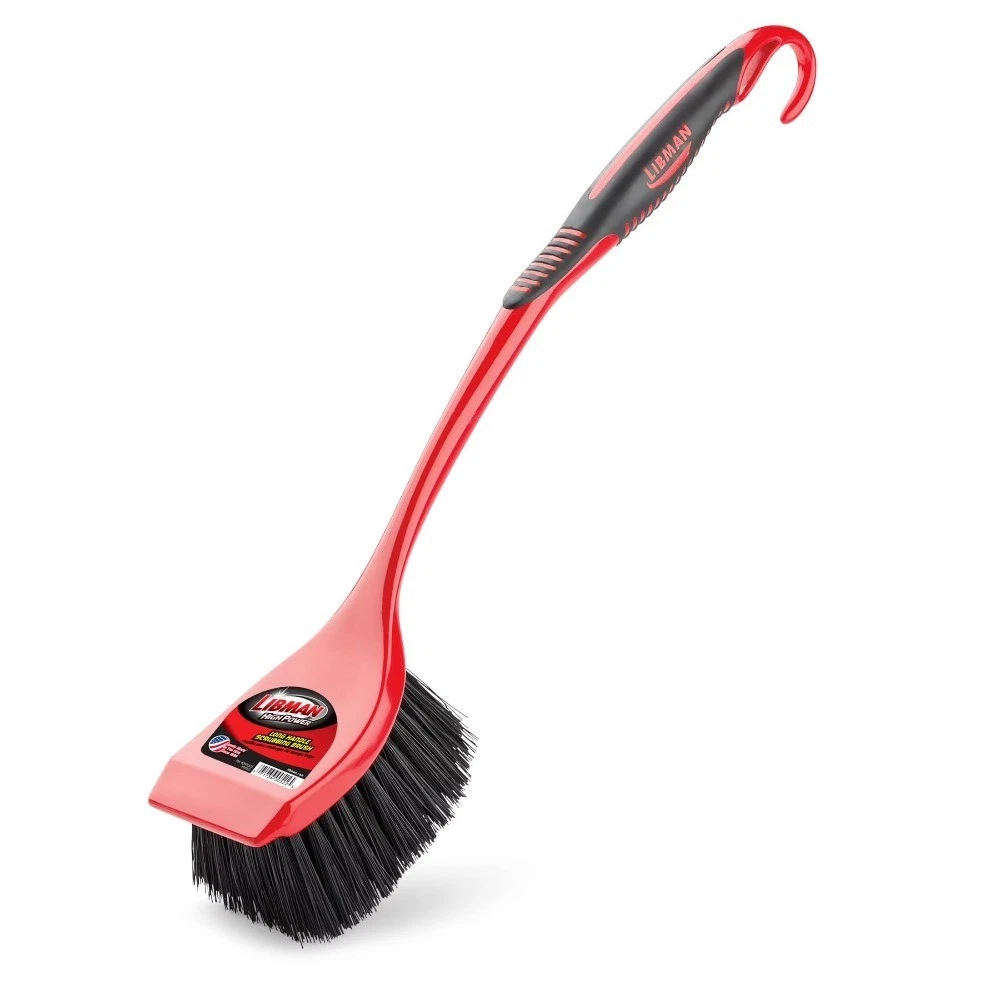 High Power Red and Black Long Handle Scrub Brush 3.75 Inch Width