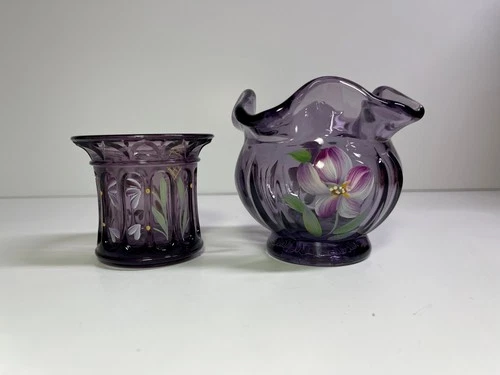 Fenton Art Glass Vase & Candle Holder Hand Painted by CA Hall & S. Stephens