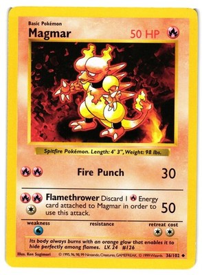 Pokemon TCG Shadowless Base Set Magmar 36/102 Uncommon LP