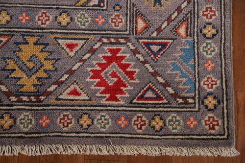 Handgefertigt Traditionell Grau Wolle Läufer Teppich 3x8 Fuß Geometrisch Kasak Orientteppich - Bild 7 von 19