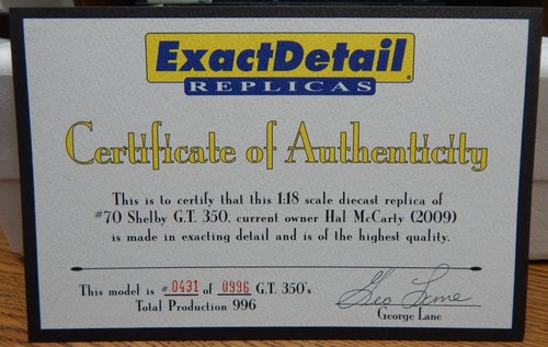 EXACT DETAIL 1966 SHELBY GT5350 RACE CAR HAL McCARTY 1/18 SCALE NIB 331/996 LQQK - Picture 3 of 3