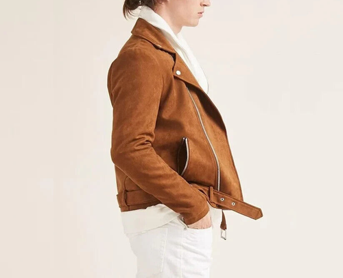 Men Brown Pure Suede Leather Jacket Slim Fit Biker Jacket Custom Size S M L XL - Picture 2 of 4