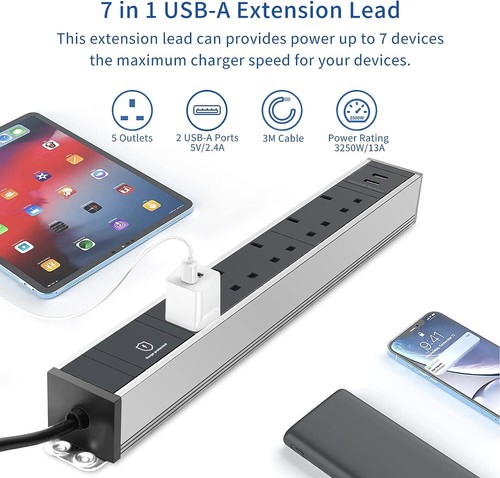 Extensión de manos protegidas contra sobretensiones de 5 sockets plomo 3M Reino Unido Cable de alimentación Enchufe 2 puertos USB - Imagen 3 de 7
