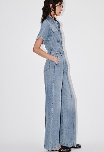Zara XS Denim Long Jumpsuit Overalls Blue Straight Leg Full Length NWT - Picture 5 of 17