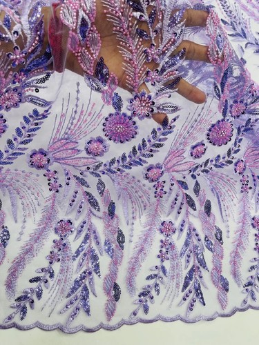 Lilac Floral Design Beads & Sequins, Lace Beaded Floral & Leaf Embroidered Lace - Picture 3 of 4