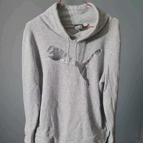 Puma Sweater Jumper Grey Silver Large Logo High Polo Neck Medium Ladies