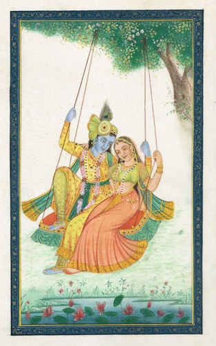 Pintura religiosa india de Radha Krishna arte oscilante sobre tela de seda 7x11 pulgadas - Imagen 2 de 5