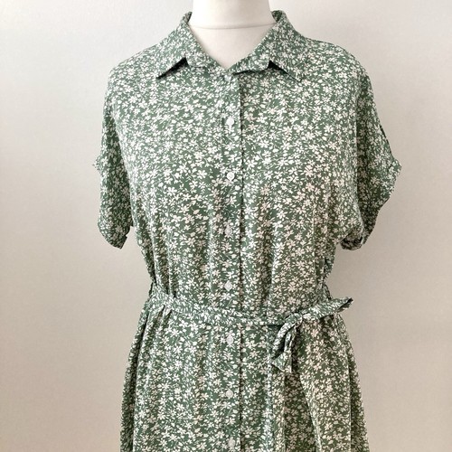 Emma Ella Size XL Green White Floral Shirt Tea Dress Button Down Belted Chiffon - Imagen 2 de 9