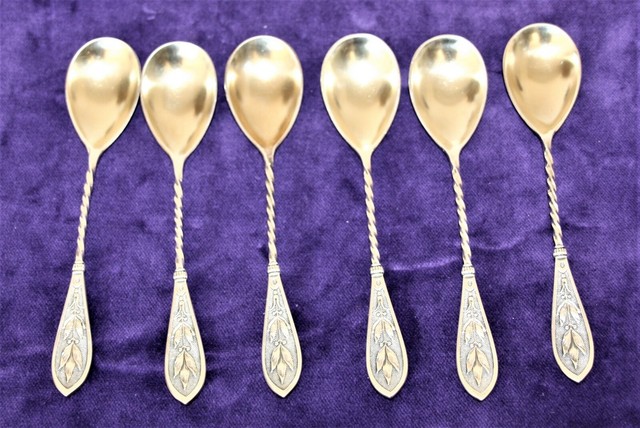Jugendstil 6 Eislöffel m. gedrehtem Stiel versilbert WR8589 Jugendstil 6 Eislöffel m. gedrehtem Stiel versilbert WR8589