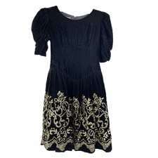Vintage Jessica McClintock Gunne Sax Dress Black Velvet Gold Glitter Girls 8